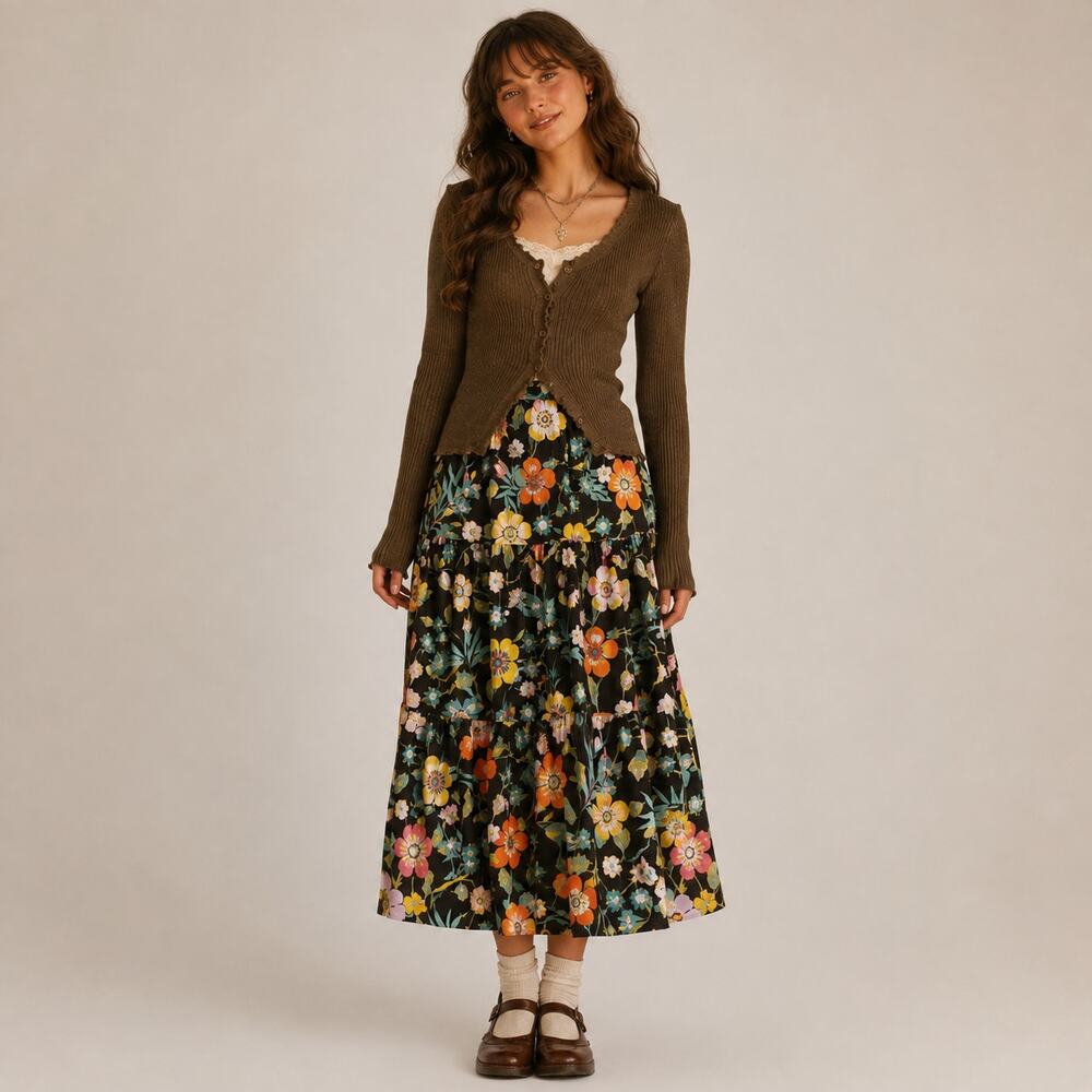 J.Crew Liberty London Tawna Pavilion Tiered Midi Floral Skirt XS 0 Cottage 90s